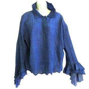 Komarov Vintage 90s Chevron Plisse Blouse Novelty Boho Tiered Flare Sleeves L